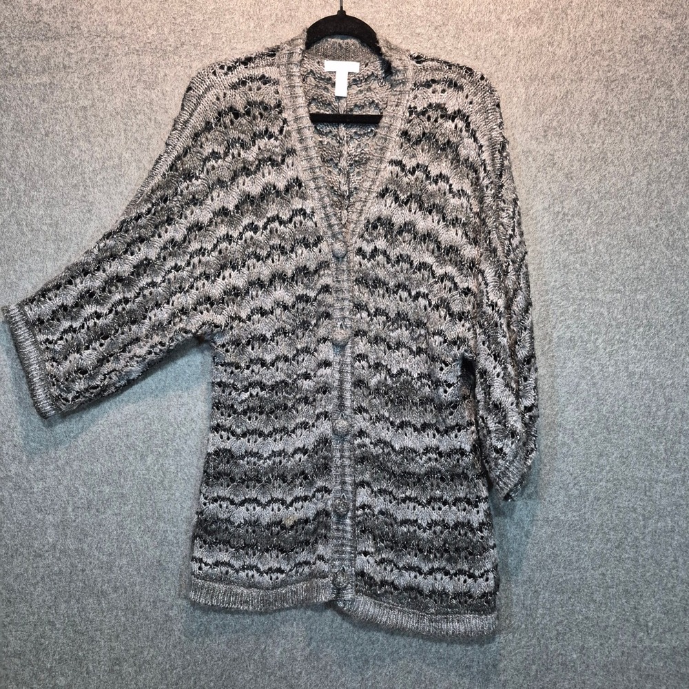 Charter Club L Open Weave 3/4 sleeve Long Cardigan metallic cottagecore cozy